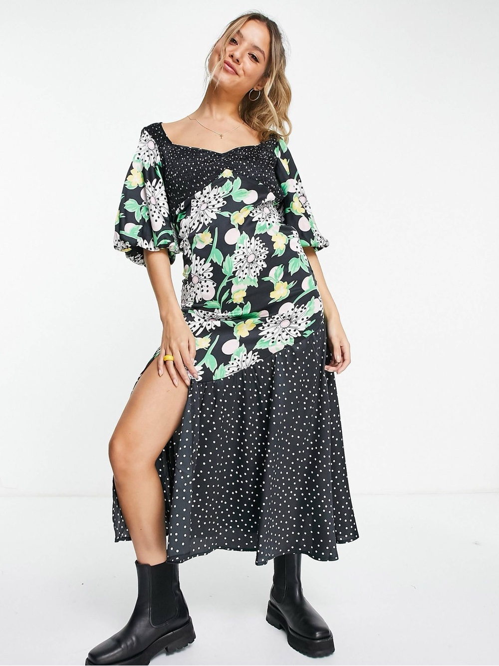 ASOS Black Midi Dress with Green & White Floral Print